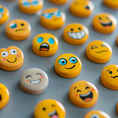 Assorted popular emoji badges on a pastel blue background, depicting a range of playful emotions and social media reactions, ideal for expressing feelings in digital content and graphic designs