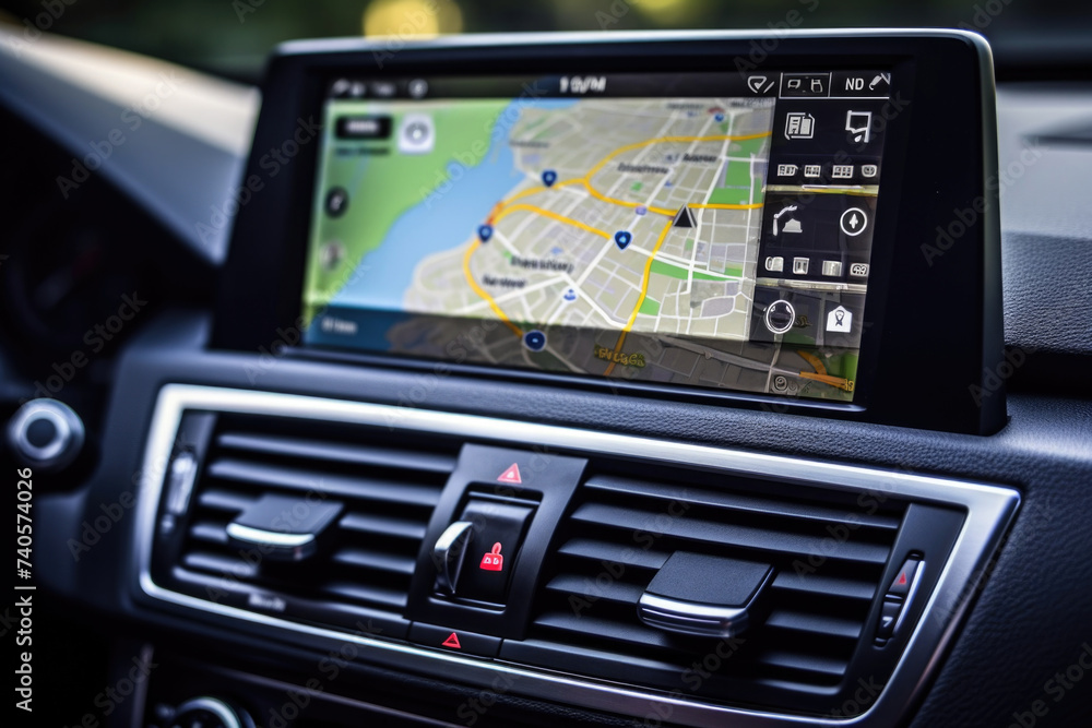 Poster Close-up of a car dashboard with a GPS device. Ideal for transportation and technology concepts
