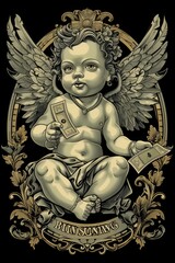 This vector illustration shows a hustler slogan with a baby angel handing out money on a black background