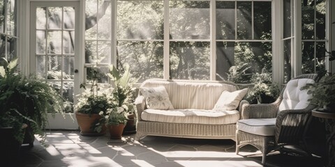 Bright sun room with seating and greenery, perfect for interior design projects