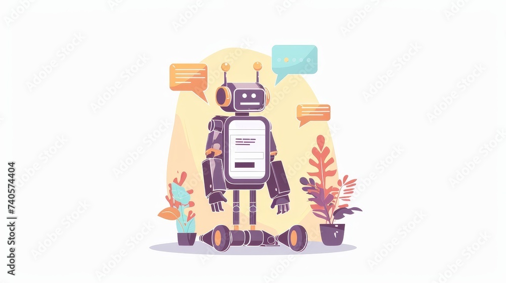 Poster In chatbot service, a robot answers a customer's question. Dialog between an AI assistant and a user in a chat messenger.  illustration in flat design isolated on white background.