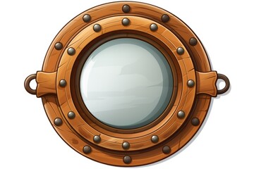 A wooden porthole with rivets on a white background. Suitable for nautical themes