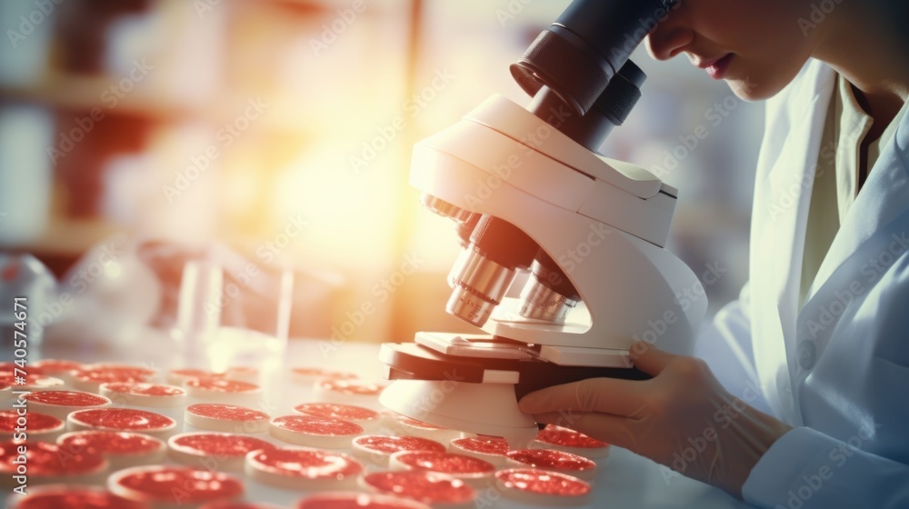 Aufkleber woman in lab coat using microscope. suitable for science and research concepts