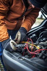 Fototapeta premium A man repairing a car engine. Suitable for automotive industry promotions