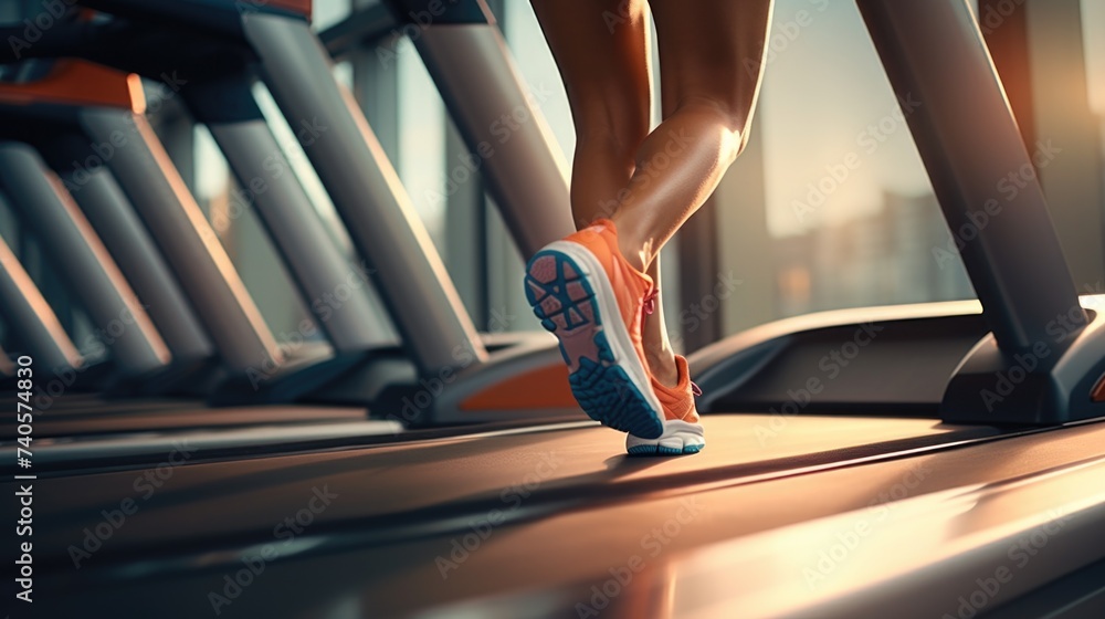 Poster close-up view of a person running on a treadmill. great for fitness and exercise concepts