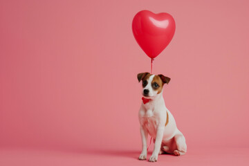 Cute dog with a heart shaped balloon on pink panoramic background, fun love and Valentine's day love greeting web banner. Funny dog holding a heart shaped balloon isolated on pink background