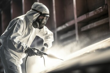 A man in a white coverall spraying with a spray gun. Perfect for industrial or maintenance concepts - obrazy, fototapety, plakaty