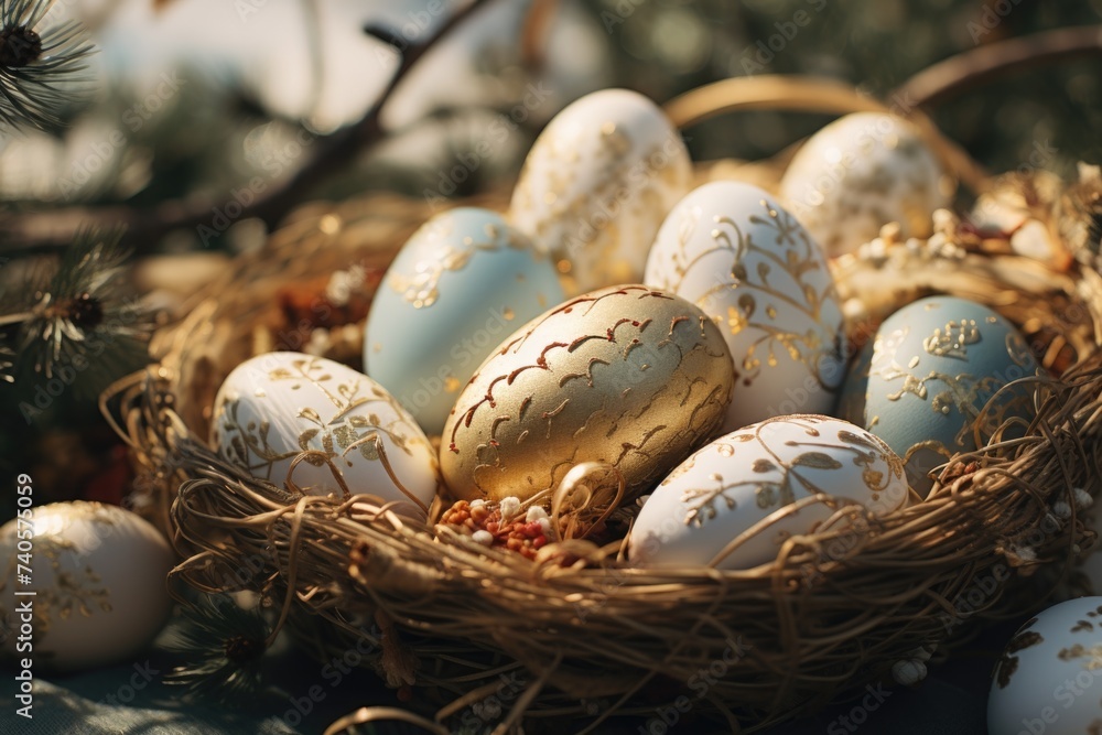 Poster a bird nest filled with white and gold eggs. ideal for spring or easter themes