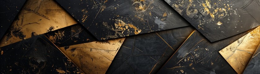 Abstract pattern of black marble triangles with golden splatters.