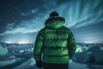 A person in a green jacket standing in the snow. Suitable for winter outdoor concepts