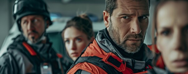 Fototapeta premium Intense search and rescue team in protective gear ready for an urgent mission.