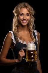 Woman holding mug of beer, suitable for beverage concepts