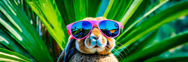 bunny with glasses on a background of palm trees. Selective focus. - obrazy, fototapety, plakaty