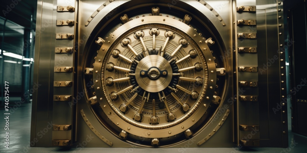 Poster a large metal door with a clock inside. perfect for illustrating concepts of time, security, or myst