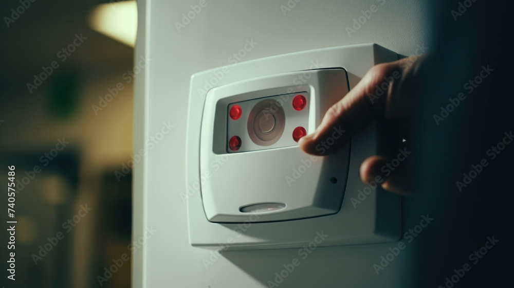 Poster person pressing a button on a wall, useful for illustrating technology or security concepts