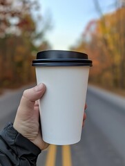 Hand holding a takeaway coffee cup on a road lined with autumn trees.