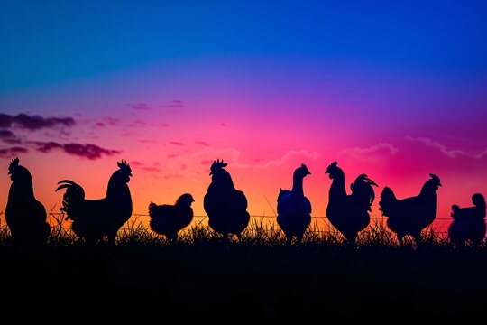 Silhouettes de poules et coqs au lever du soleil &raquo; IA g&eacute;n&eacute;rative
