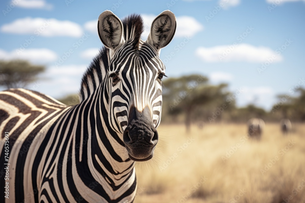 Poster close up shot of a zebra in a field, suitable for wildlife concepts