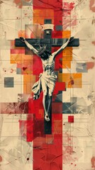 A modern artistic collage depicting the crucifixion of Jesus Christ.