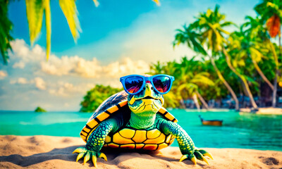 turtle with glasses on a background of palm trees. Selective focus.