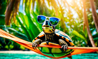 turtle with glasses on a background of palm trees. Selective focus. - obrazy, fototapety, plakaty
