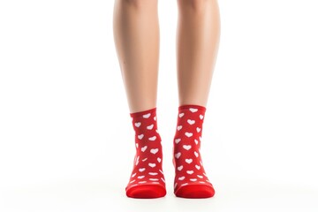 Close-up image of a woman's legs wearing red and white polka dot socks. Suitable for fashion or retro themes