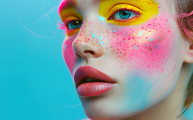 Closeup portrait of High fashion model with colorful makeup, spray painted, sky-blue and pink, yellow and pink