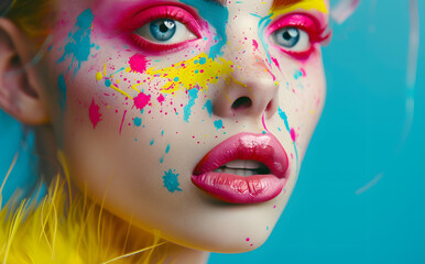 Closeup portrait of High fashion model with colorful makeup, spray painted, sky-blue and pink, yellow and pink