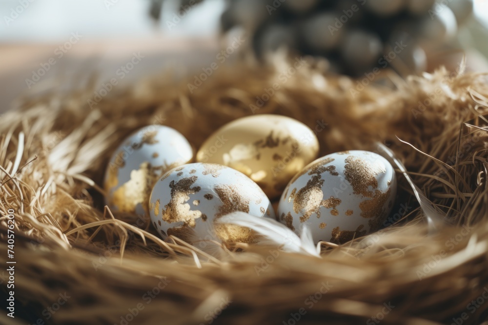 Sticker Close up of a nest with three eggs, perfect for illustrating new life and growth