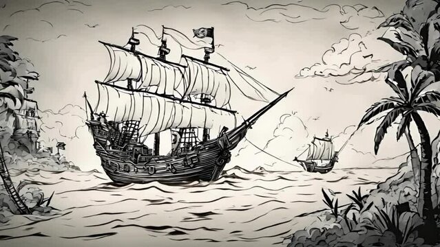 drawing of a pirate ship, animated and depicted in a single colour, stands out against a white background.