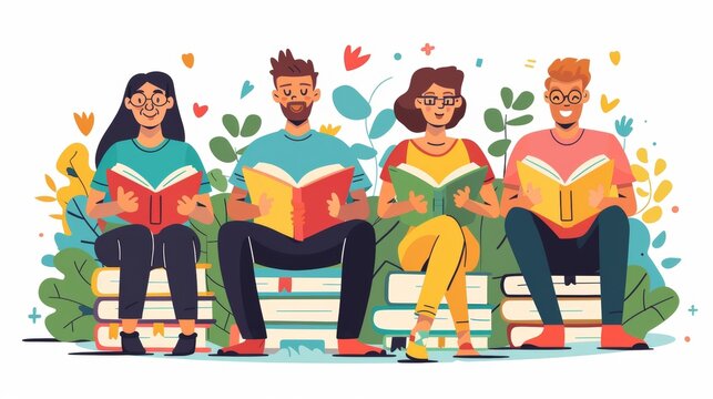 An illustration showing happy people exchanging, borrowing, and recommending paper books. A group of man and woman is reading. Readers swap literature. Isolated white and flat  illustration.