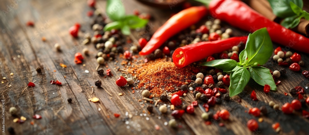 Poster vibrant assortment of red peppers and assorted spices displayed on rustic wooden table