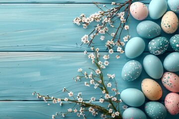 Obraz premium Happy Easter Eggs Basket Turquoise Island. Bunny hopping in flower forgiveness decoration. Adorable hare 3d sentiment rabbit illustration. Holy week easter hunt Whimsical card easter egg tree