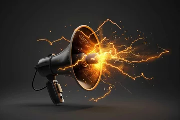 Fotobehang A 3D megaphone, loudspeaker, and lightning concept for marketing and advertising.  illustration. © Zaleman