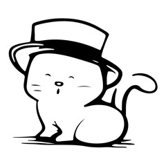 Discover the charm of a cute cat wearing a hat in this black and white illustration, perfect for animal lovers.