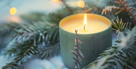 Obraz na płótnie Canvas Three elegant Christmas tree-shaped candles in green and gold, glowing softly against a serene white backdrop, embodying the festive spirit with a hint of AI generative artistry.