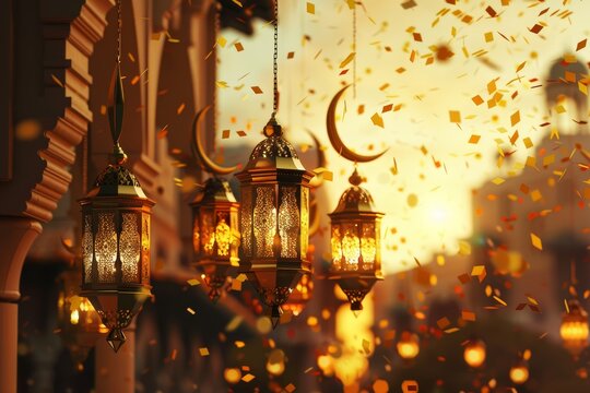 Realistic 3d design of Ramadan Kareem horizontal banner. Traditional religious symbol crescent, lanterns, gold confetti. Arabic translation of Ramadan Kareem text.
