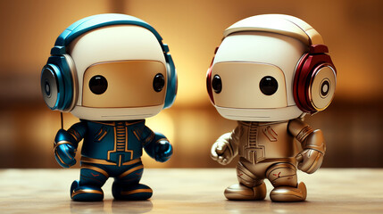 Two adorable robot characters in 3d illustration, facing each other on beige studio backdrop