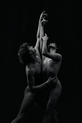Passion, inspiration and feelings. Talented, artistic young man and woman, ballet dancers making performance, dancing. Monochrome. Concept of classic art, aesthetics, emotions, ballet dance, talent