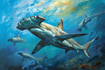 Peinture d'un requin marteau dans l'océan » IA générative - obrazy, fototapety, plakaty