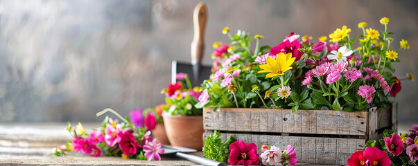 Obraz premium a wooden box with garden flowers stands on the ground against the backdrop of a spring garden
