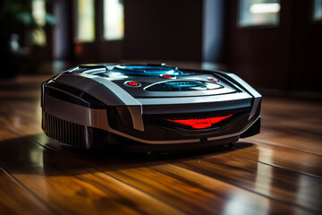 Modern black robotic vacuum cleaner on shiny laminate flooring in a contemporary home setting - obrazy, fototapety, plakaty