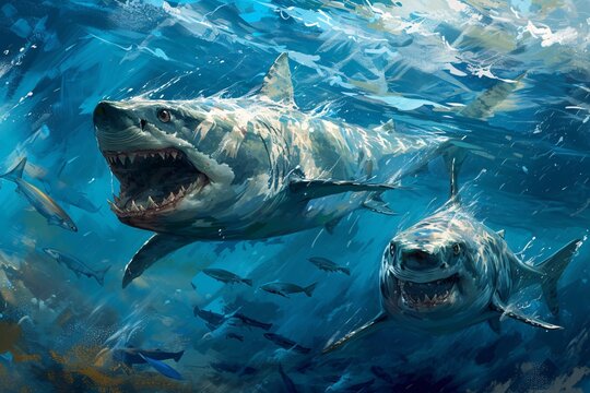 Peinture de requins dans l'oc&eacute;an &raquo; IA g&eacute;n&eacute;rative