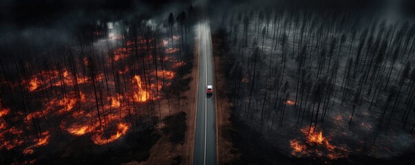 Hot summer weather with extreme fire in forests, aerial view over car road, banner. Generative Ai.