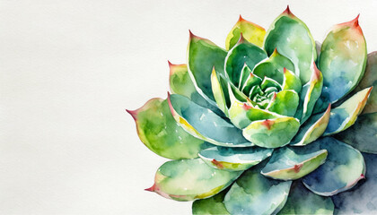 Watercolour of a echeveria on pure white background canvas, copyspace on a side