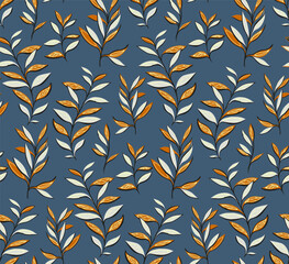 Obraz premium Abstract creative leaves branches seamless pattern on a true blue background. Vector hand drawn sketch. Modern leaf botanical patterned. Collage template for printing, textile, fabric, fashion