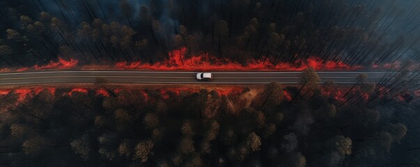 Hot summer weather with extreme fire in forests, aerial view over car road, banner. Generative Ai.
