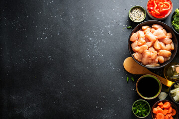 Chicken stir fry with soy sauce and vegetables at black background. Ingredients for cooking, recipe. Flat lay with copy space.