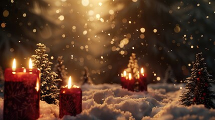 Candles cast a warm glow in a snowy landscape at dusk, creating a tranquil winter scene with a touch of festive magic. AI generative.