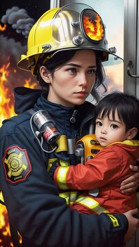 portrait of a female firefighter holding in her arms a child whom the rescued from a burning house. vertical video